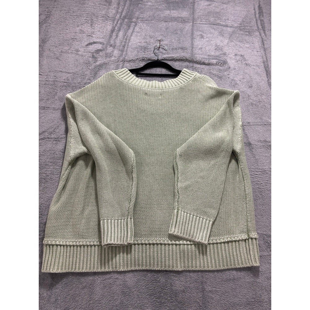 American Eagle L Sage Green V-Neck Shaker Stitch Sweater Womens Boho Casual NEW