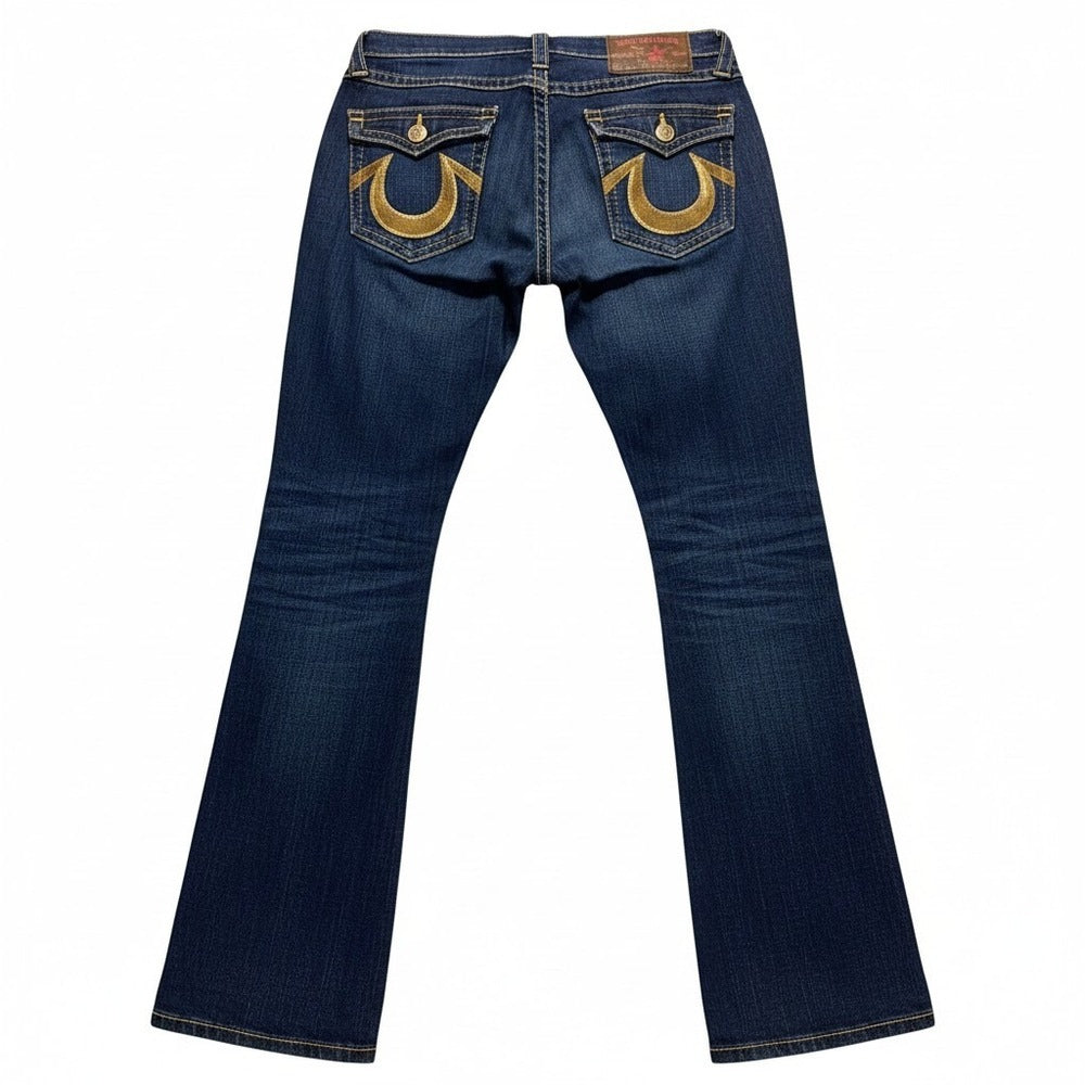 True Religion Womens 30 Dark Wash Blue Flare Jeans Vintage Y2K Boho Stretch