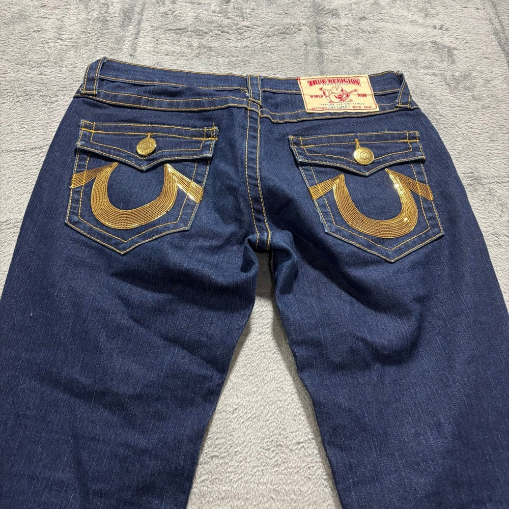 True Religion Womens 30 Dark Wash Blue Flare Jeans Vintage Y2K Boho Stretch