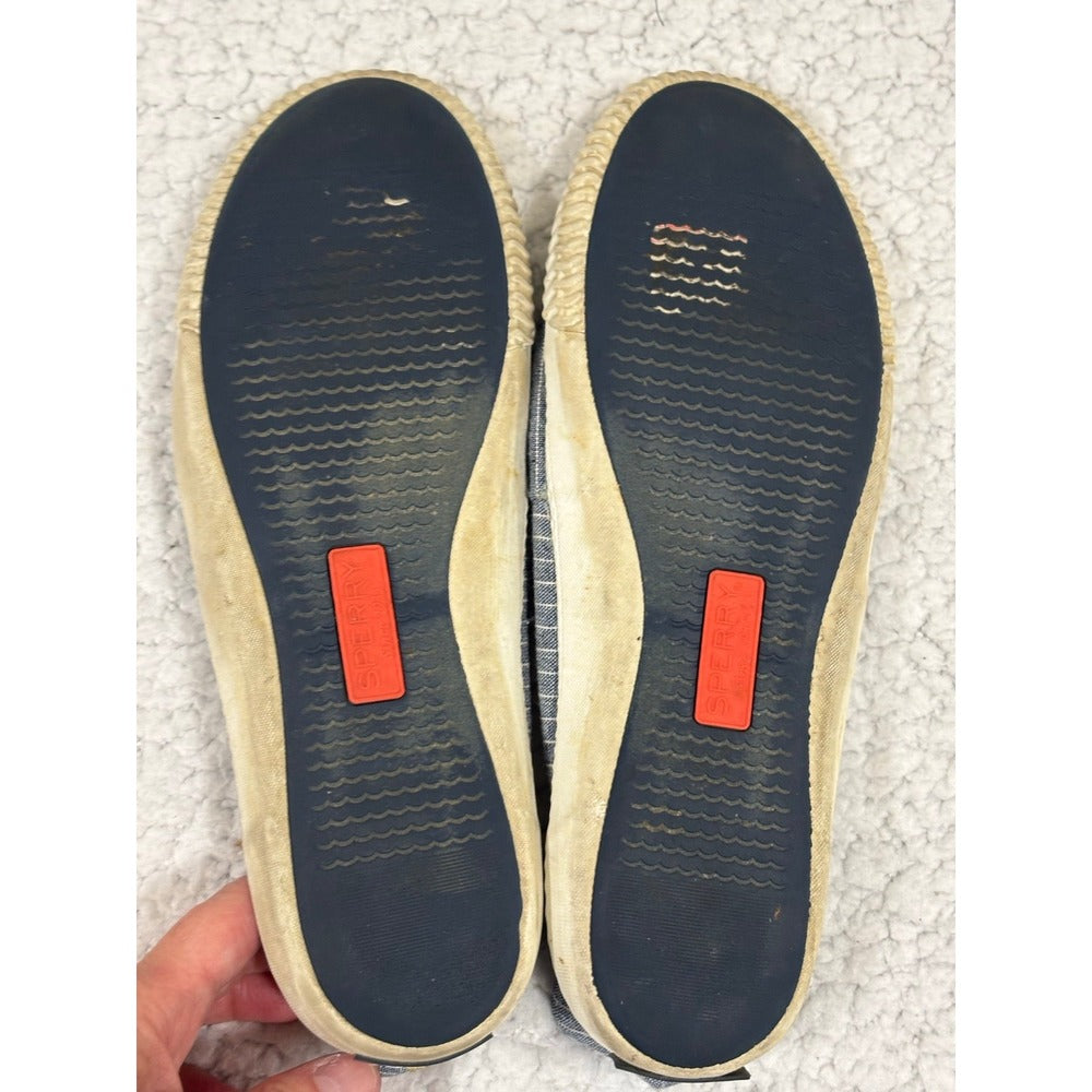 Sperry Womens 9.5 Navy Pinstripe Boat Shoes Coastal Preppy Canvas Loafers