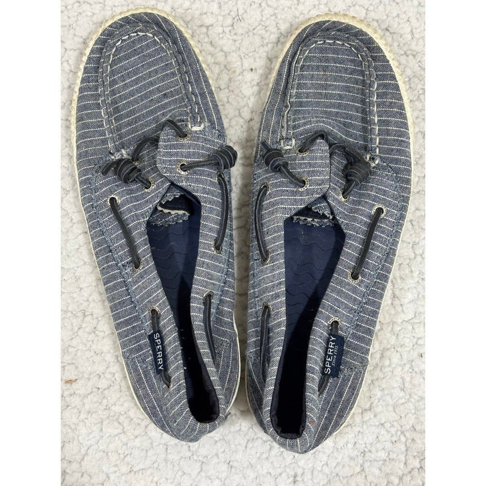 Sperry Womens 9.5 Navy Pinstripe Boat Shoes Coastal Preppy Canvas Loafers