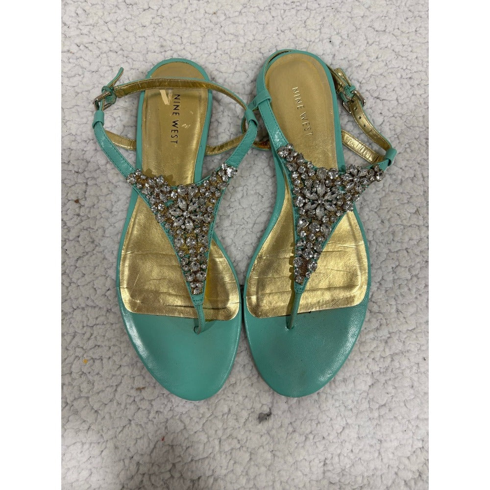 Nine West 10.5 M Mint Jeweled T-Strap Sandals Womens Boho Festival Casual