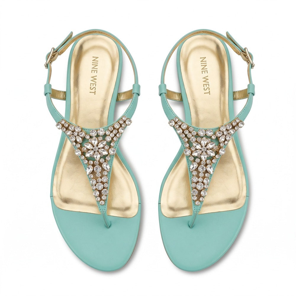 Nine West 10.5 M Mint Jeweled T-Strap Sandals Womens Boho Festival Casual