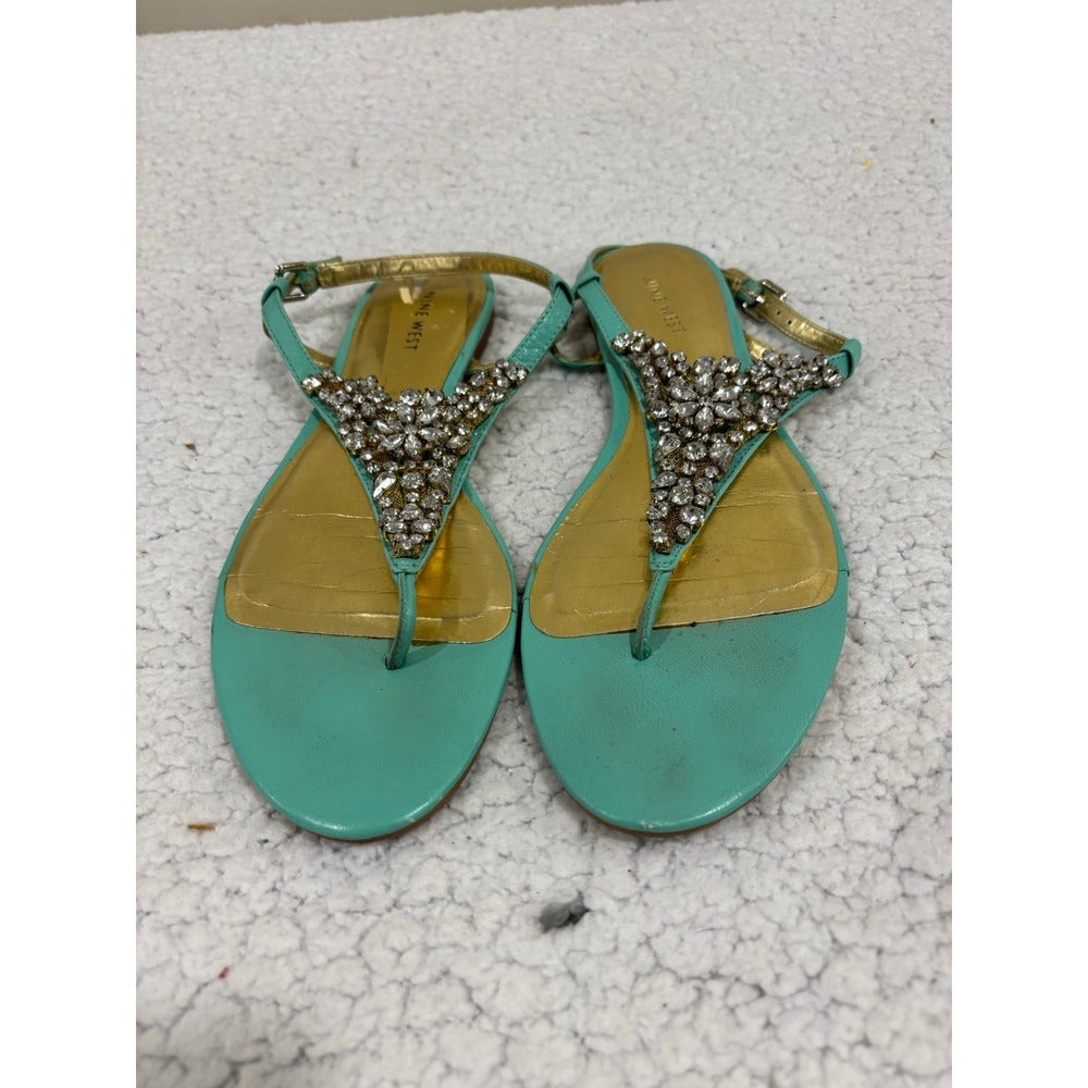 Nine West 10.5 M Mint Jeweled T-Strap Sandals Womens Boho Festival Casual