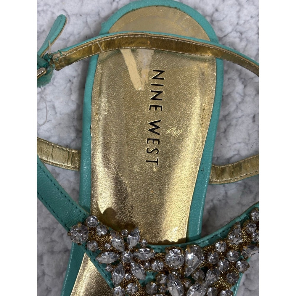 Nine West 10.5 M Mint Jeweled T-Strap Sandals Womens Boho Festival Casual