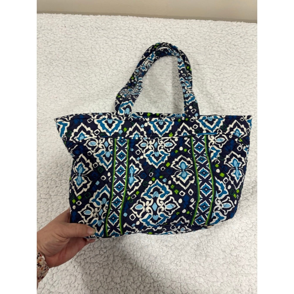 Vera Bradley Womens Navy Blue Quilted Ikat Shoulder Tote Bag Preppy Zip Top