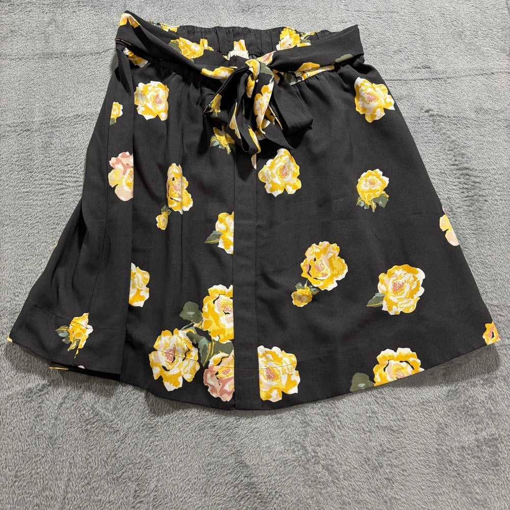 LOFT Outlet Womens S Black Yellow Rose Print Tie-Belt Skirt Boho Casual