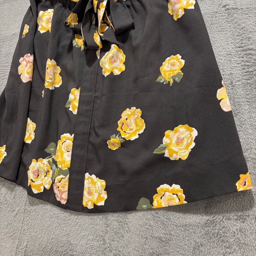 LOFT Outlet Womens S Black Yellow Rose Print Tie-Belt Skirt Boho Casual