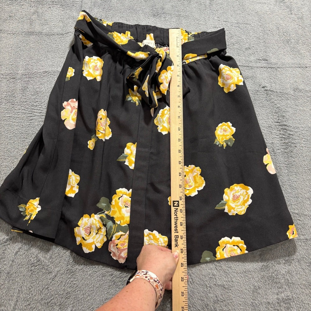 LOFT Outlet Womens S Black Yellow Rose Print Tie-Belt Skirt Boho Casual