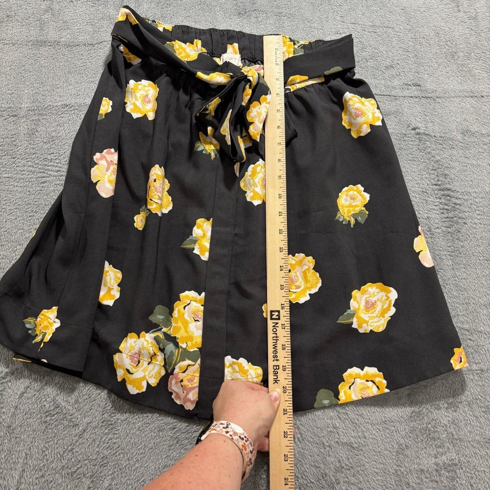 LOFT Outlet Womens S Black Yellow Rose Print Tie-Belt Skirt Boho Casual