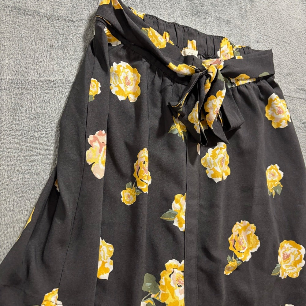 LOFT Outlet Womens S Black Yellow Rose Print Tie-Belt Skirt Boho Casual