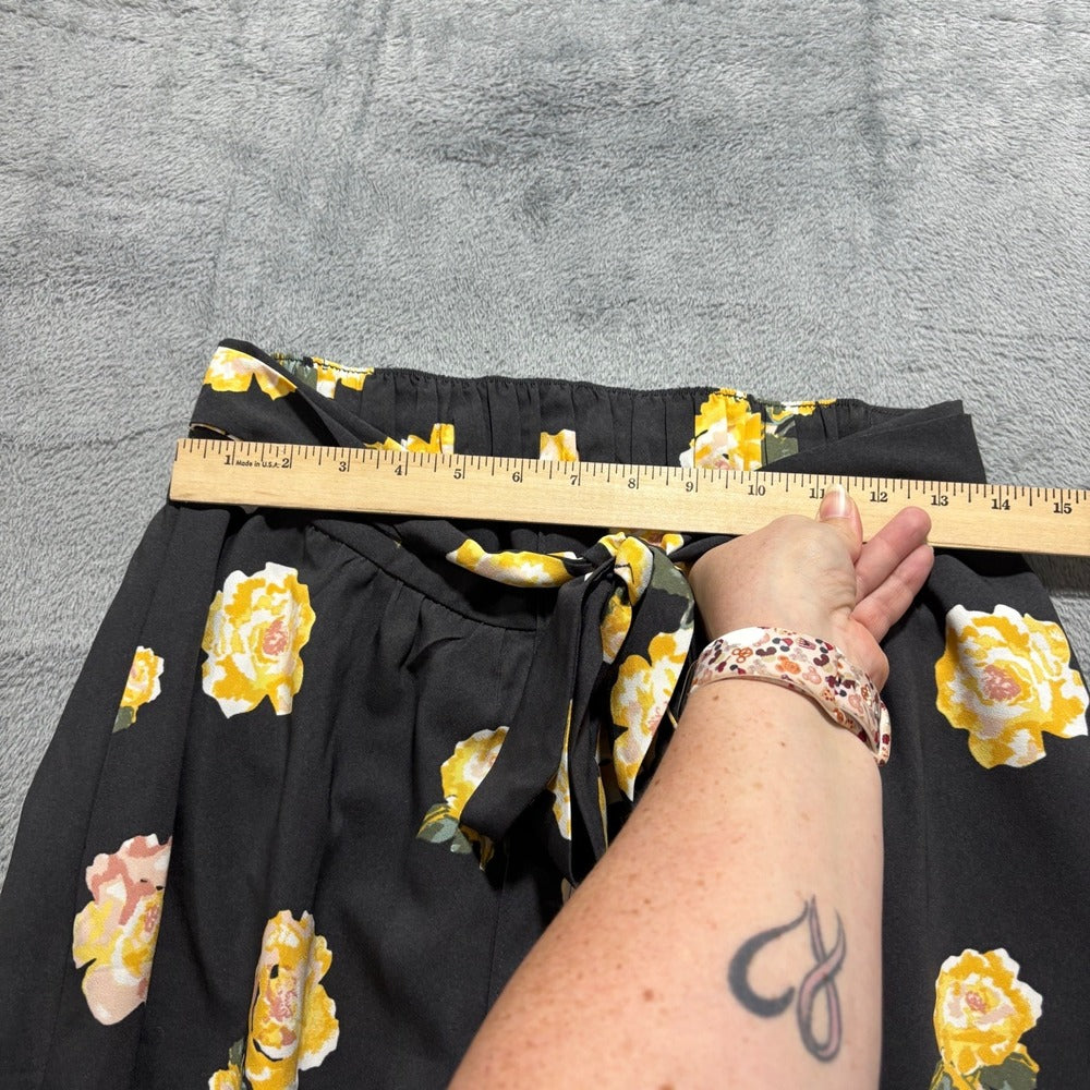 LOFT Outlet Womens S Black Yellow Rose Print Tie-Belt Skirt Boho Casual
