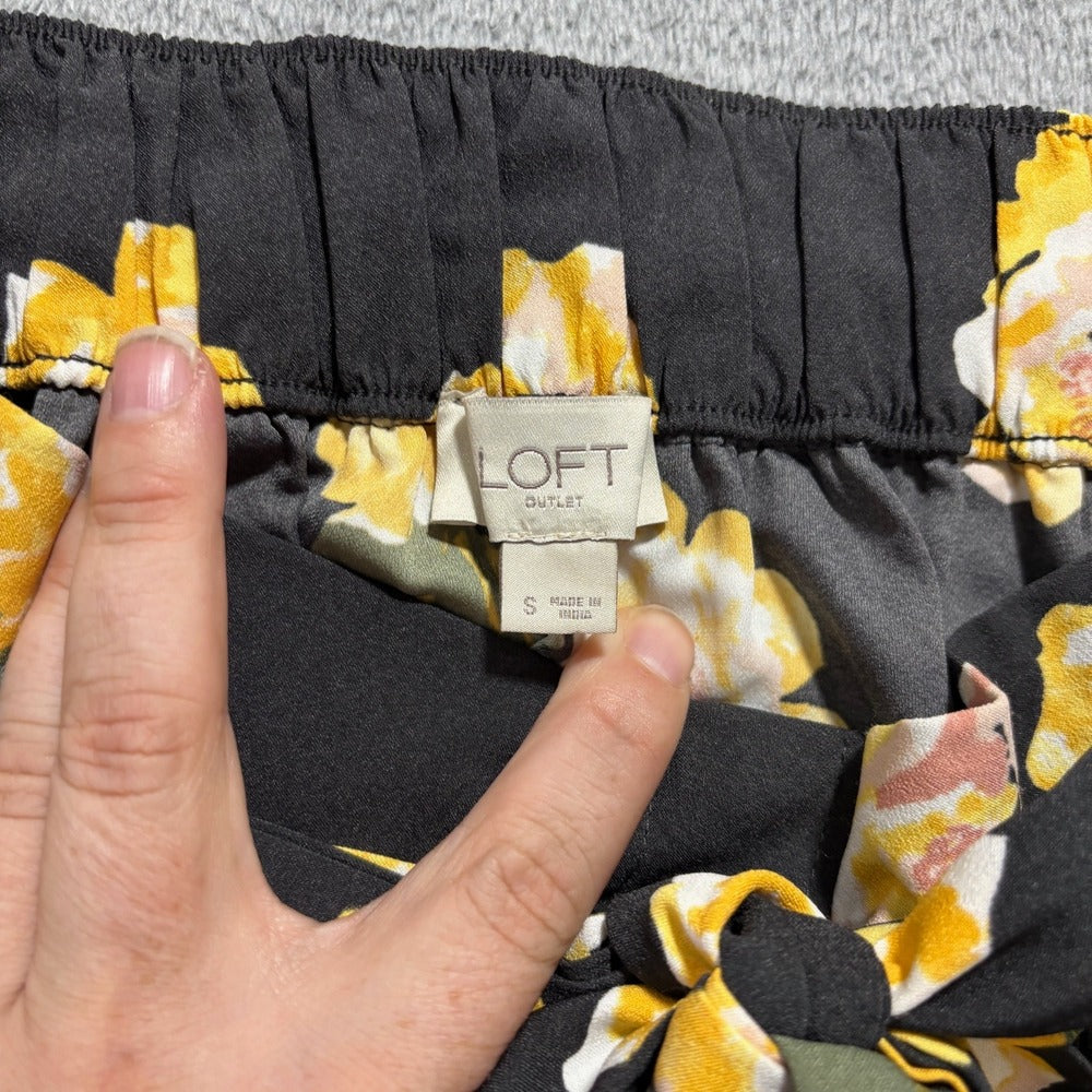LOFT Outlet Womens S Black Yellow Rose Print Tie-Belt Skirt Boho Casual