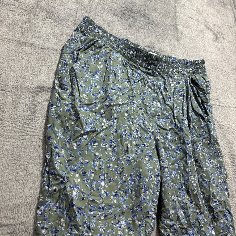 Jessica Simpson M Olive Blue Floral Pull-On Pants Womens Boho Casual Cozy