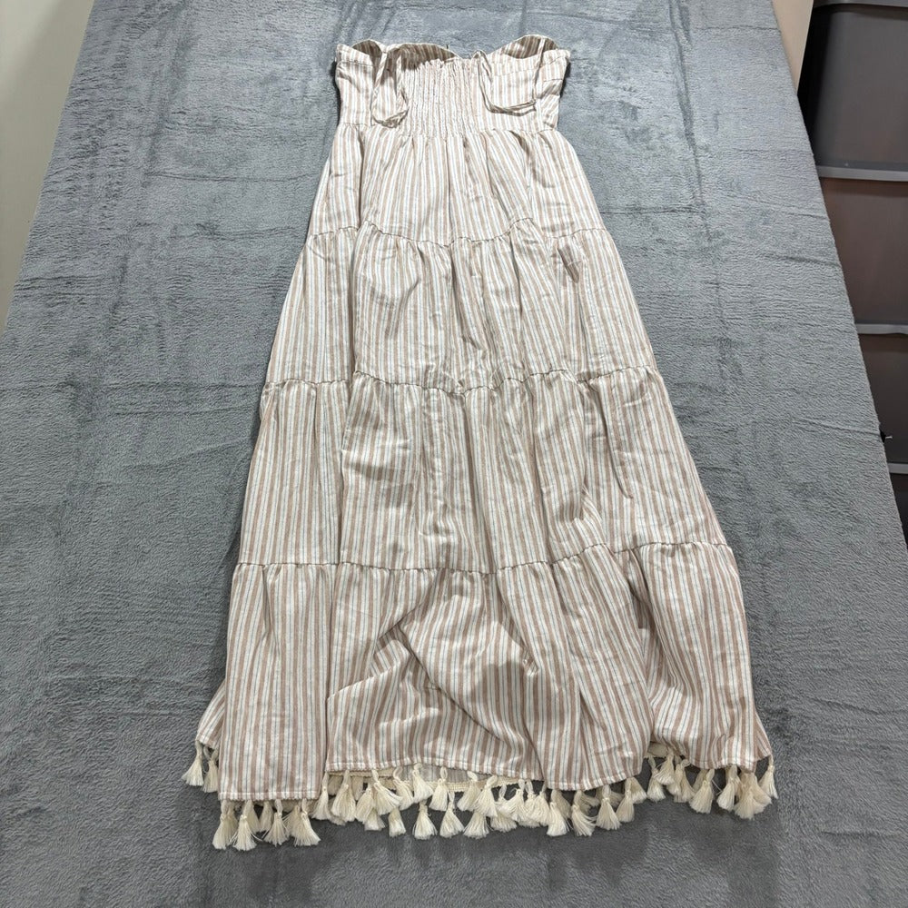 Lulus Womens M Tan Striped Tassel Tiered Maxi Dress Boho Festival Cottagecore