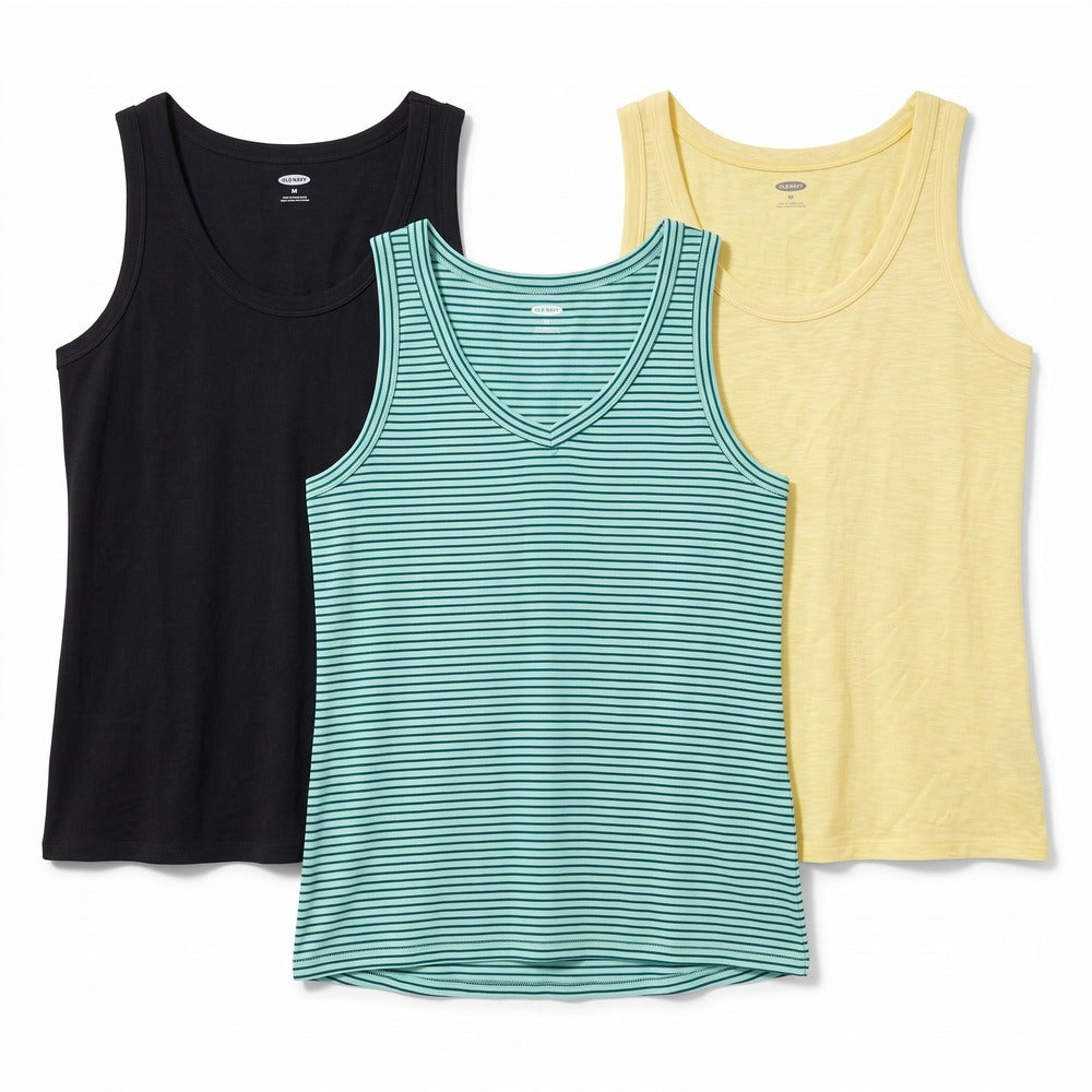 Old Navy M Womens Luxe Tank Top 3-Pack Black Yellow Teal Stripe Casual Coastal
