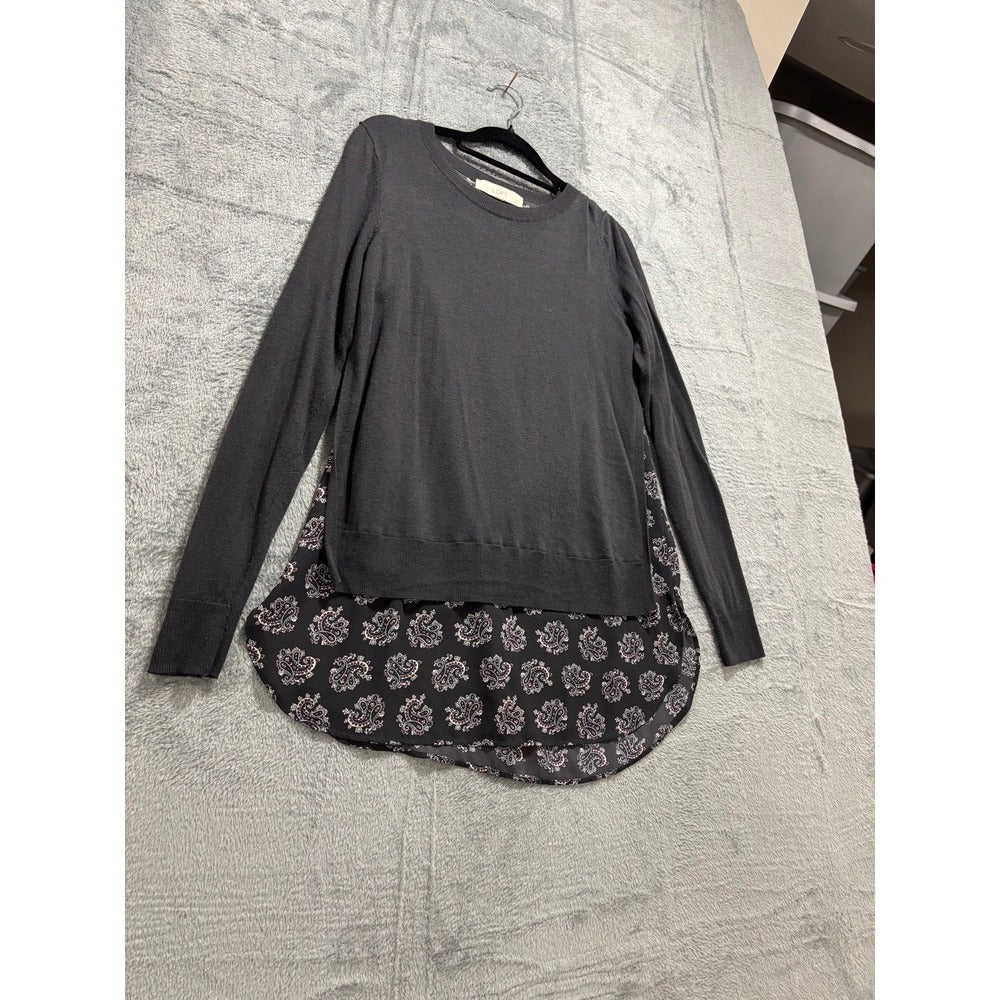 LOFT Womens S Charcoal Gray Paisley Chiffon Mixed Media Sweater Boho Casual