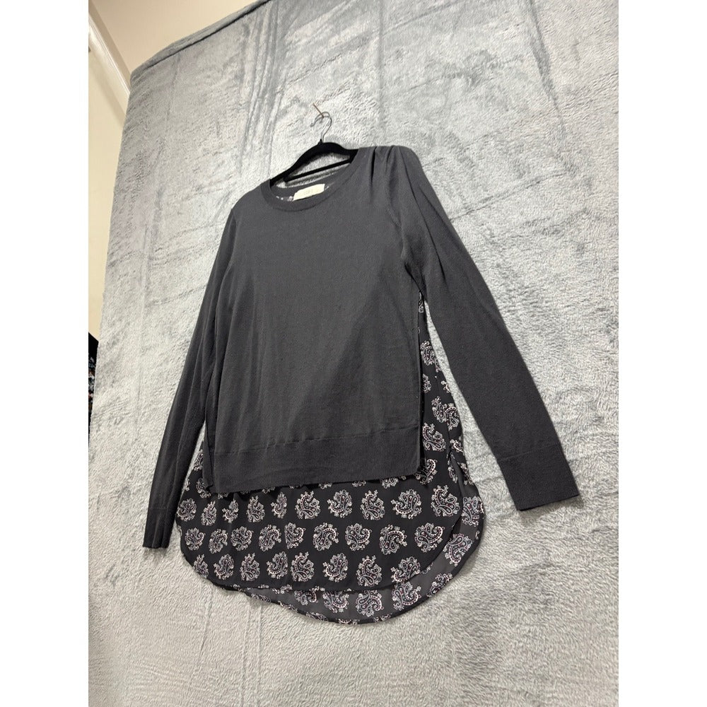 LOFT Womens S Charcoal Gray Paisley Chiffon Mixed Media Sweater Boho Casual