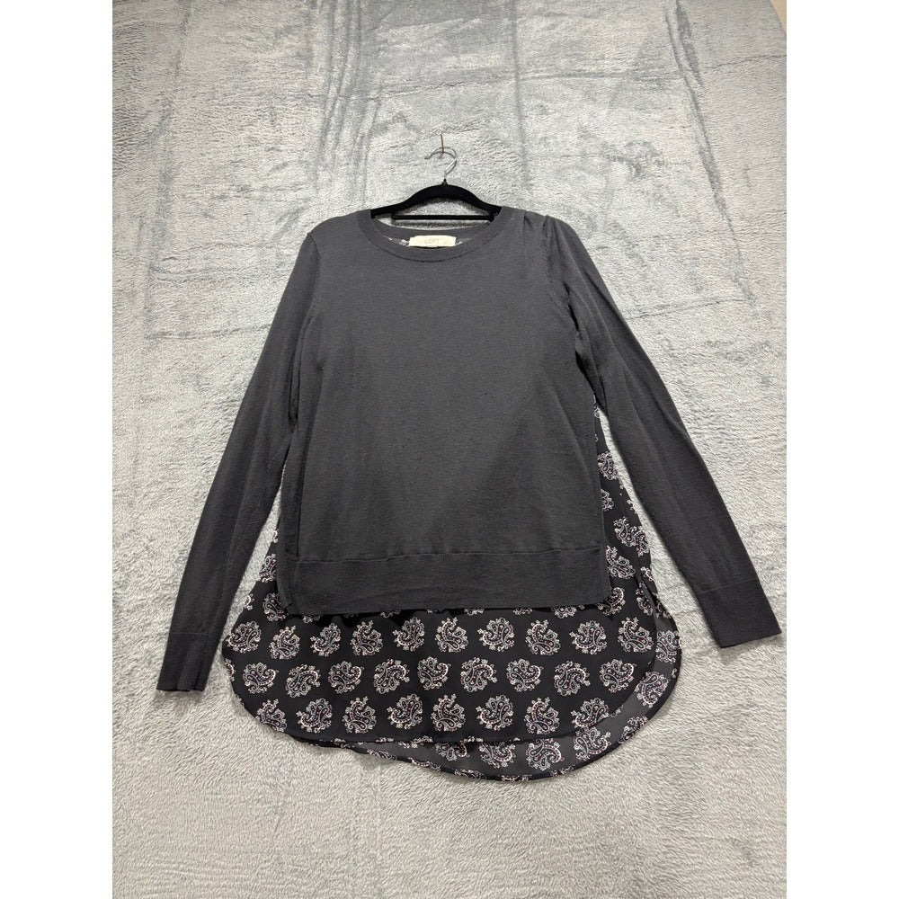 LOFT Womens S Charcoal Gray Paisley Chiffon Mixed Media Sweater Boho Casual
