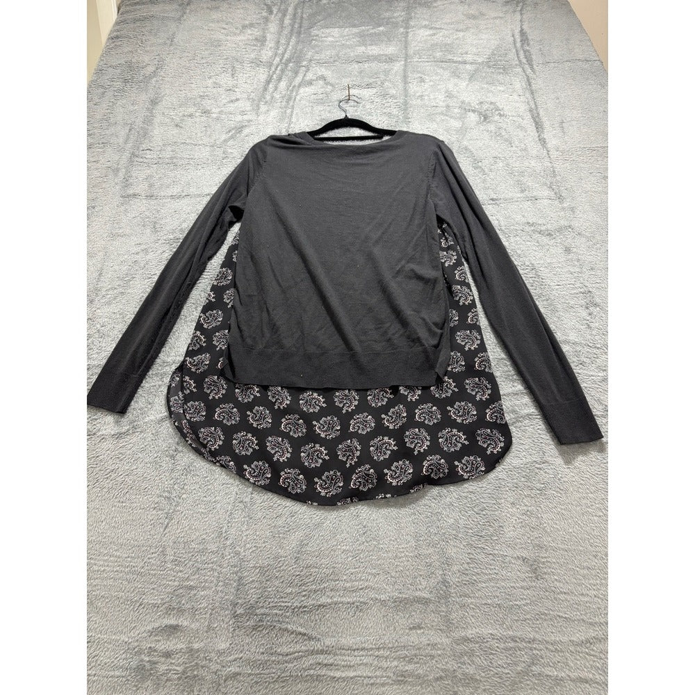 LOFT Womens S Charcoal Gray Paisley Chiffon Mixed Media Sweater Boho Casual
