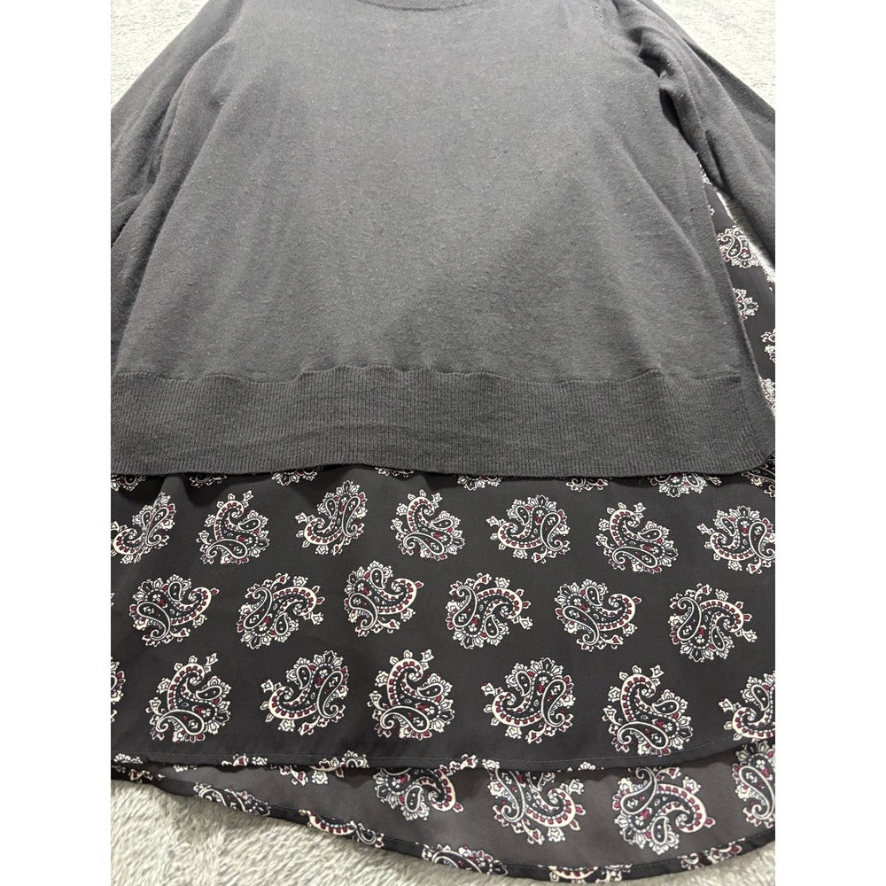 LOFT Womens S Charcoal Gray Paisley Chiffon Mixed Media Sweater Boho Casual