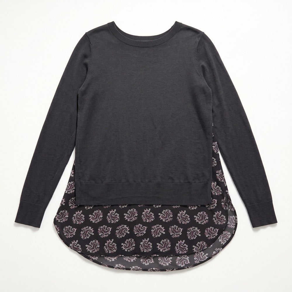 LOFT Womens S Charcoal Gray Paisley Chiffon Mixed Media Sweater Boho Casual