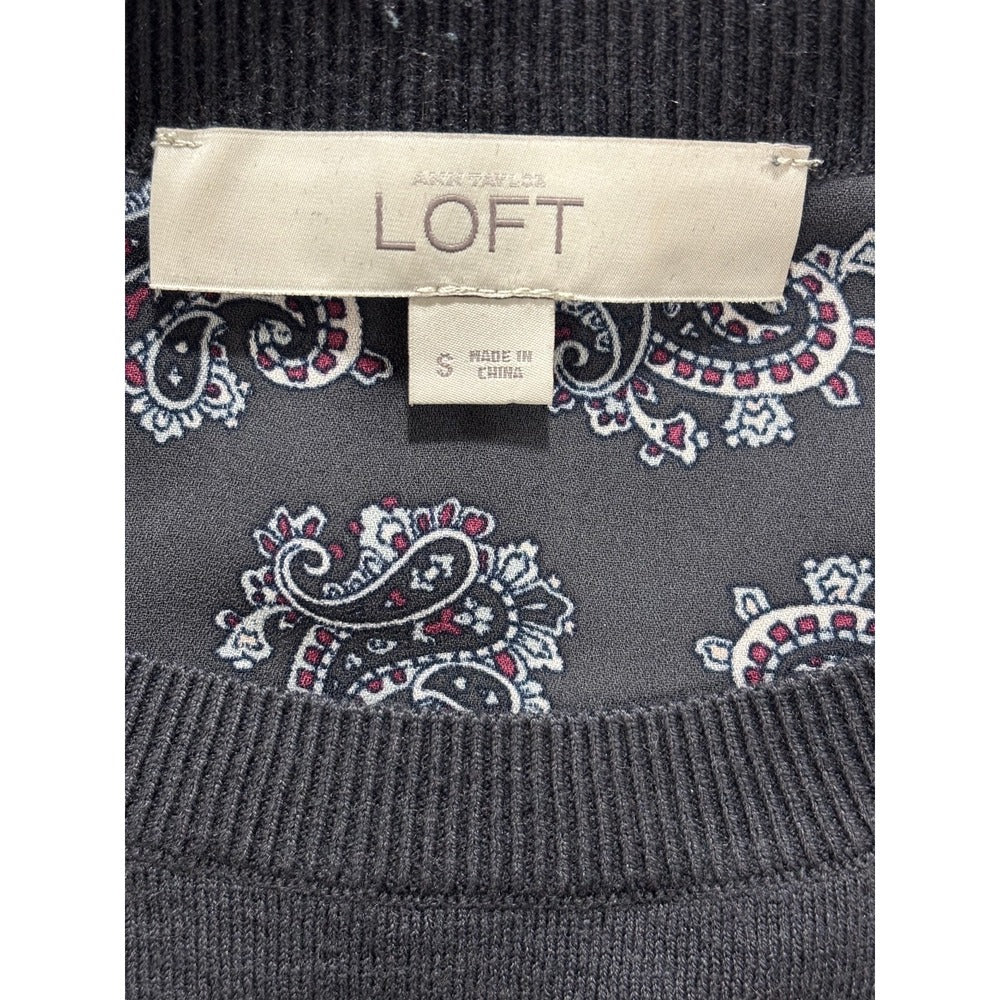 LOFT Womens S Charcoal Gray Paisley Chiffon Mixed Media Sweater Boho Casual