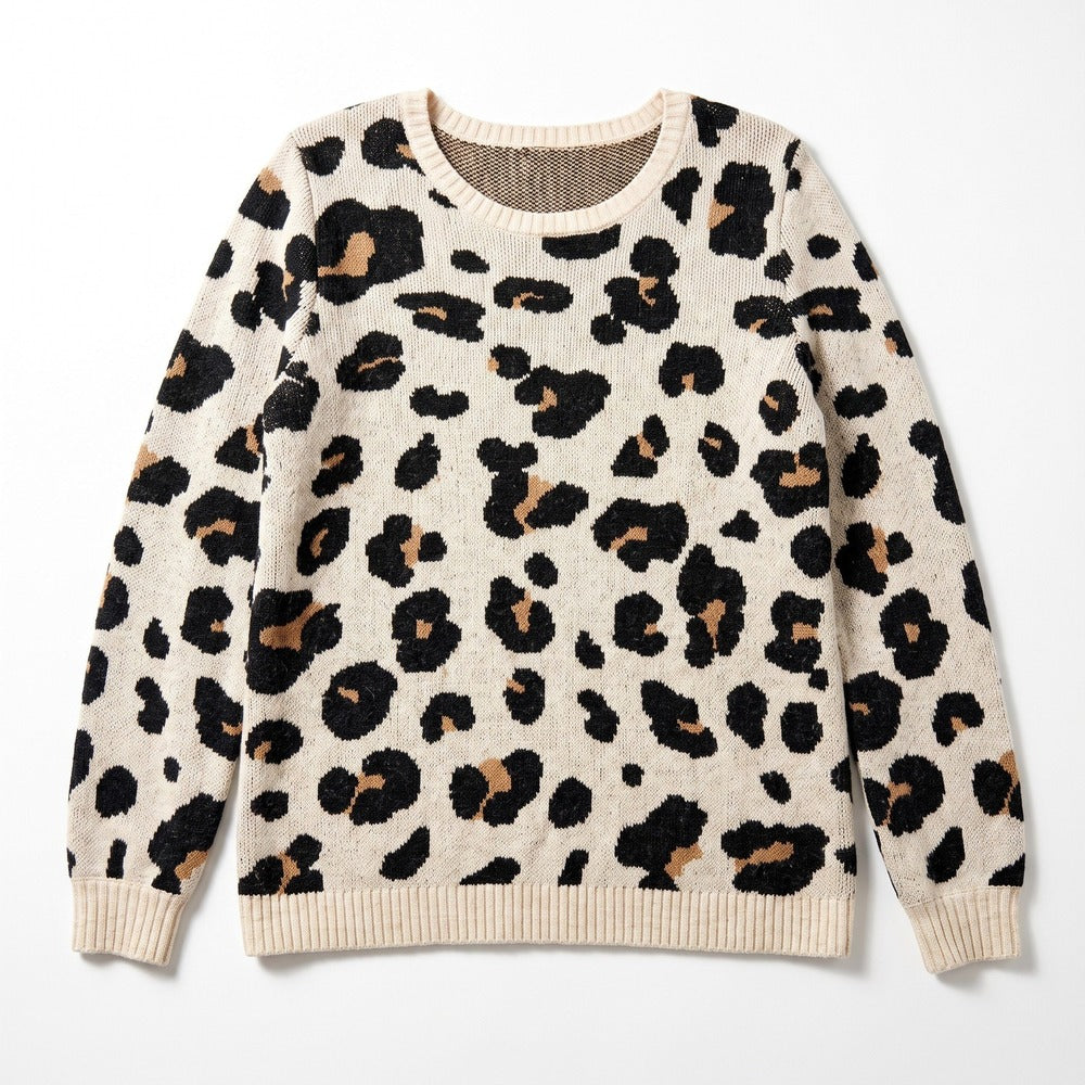 LOFT S Cream Leopard Print Crewneck Sweater Womens Casual Cozy Animal Print