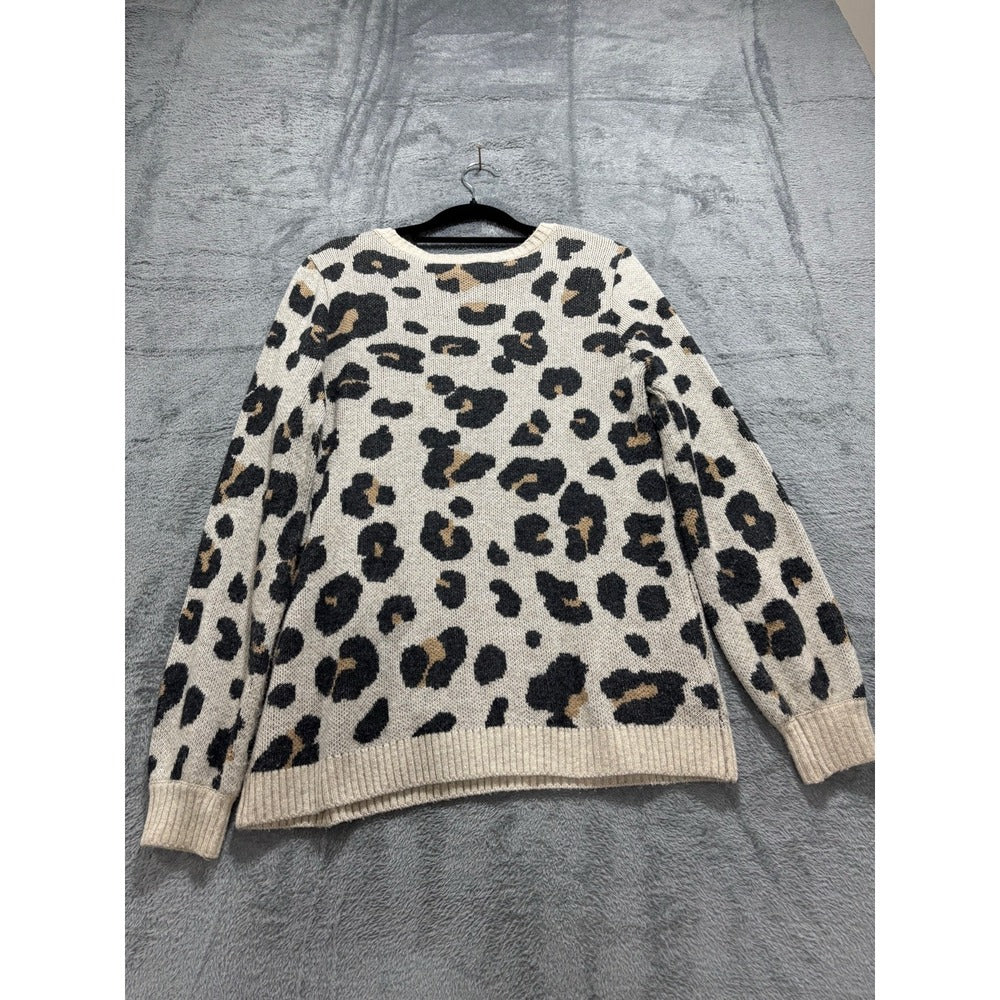 LOFT S Cream Leopard Print Crewneck Sweater Womens Casual Cozy Animal Print
