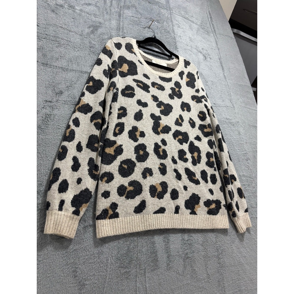 LOFT S Cream Leopard Print Crewneck Sweater Womens Casual Cozy Animal Print