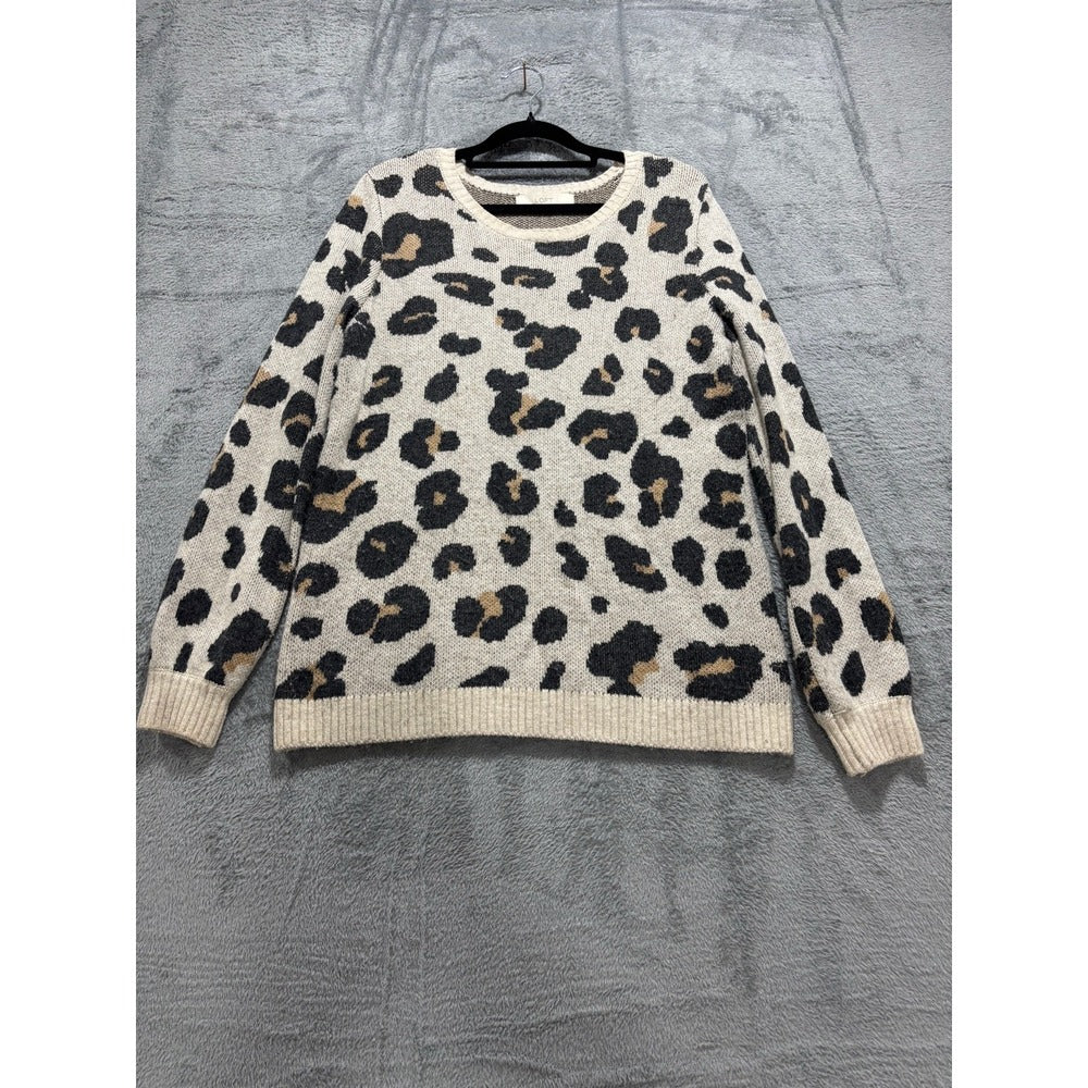 LOFT S Cream Leopard Print Crewneck Sweater Womens Casual Cozy Animal Print