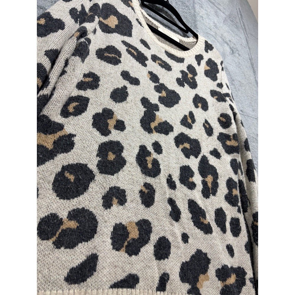 LOFT S Cream Leopard Print Crewneck Sweater Womens Casual Cozy Animal Print