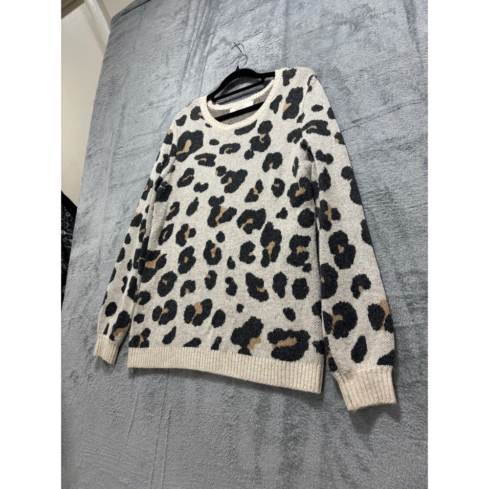 LOFT S Cream Leopard Print Crewneck Sweater Womens Casual Cozy Animal Print