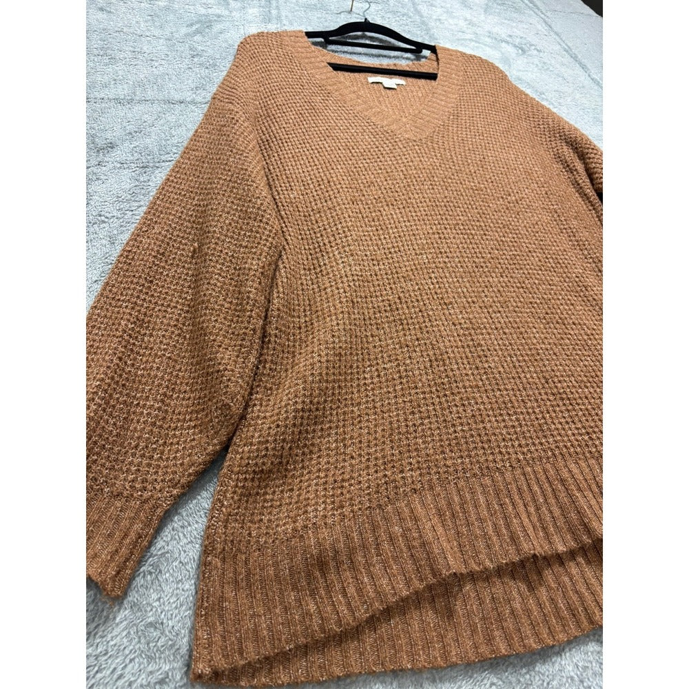 American Eagle Womens XS Camel Tan Waffle Knit V-Neck Sweater Cozy Casual Boho