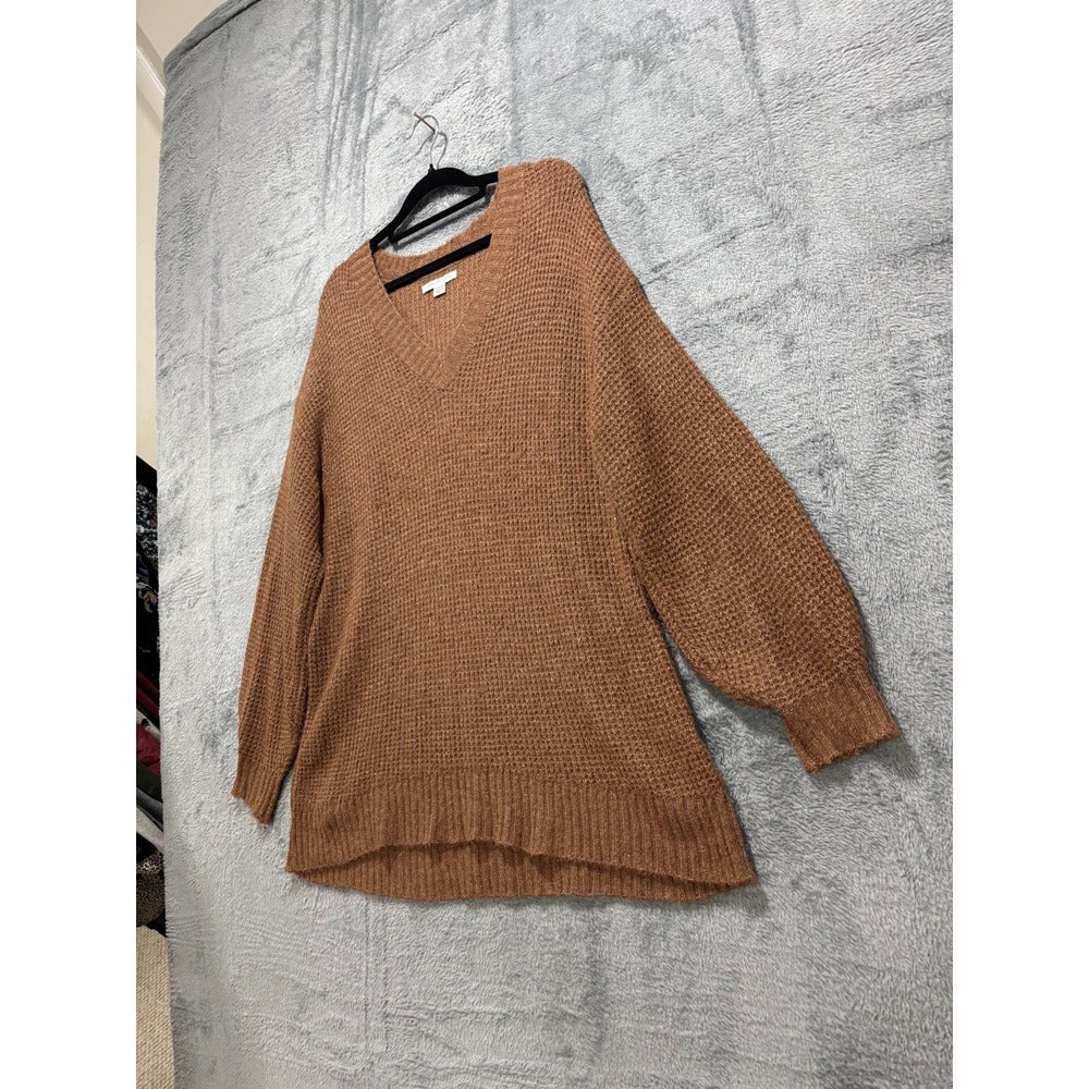 American Eagle Womens XS Camel Tan Waffle Knit V-Neck Sweater Cozy Casual Boho