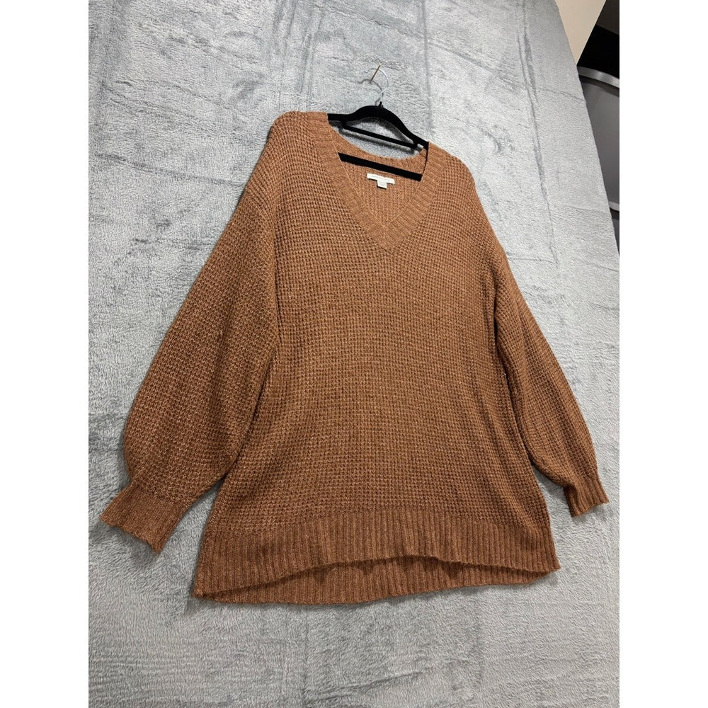 American Eagle Womens XS Camel Tan Waffle Knit V-Neck Sweater Cozy Casual Boho