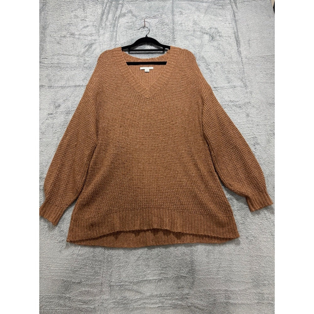 American Eagle Womens XS Camel Tan Waffle Knit V-Neck Sweater Cozy Casual Boho