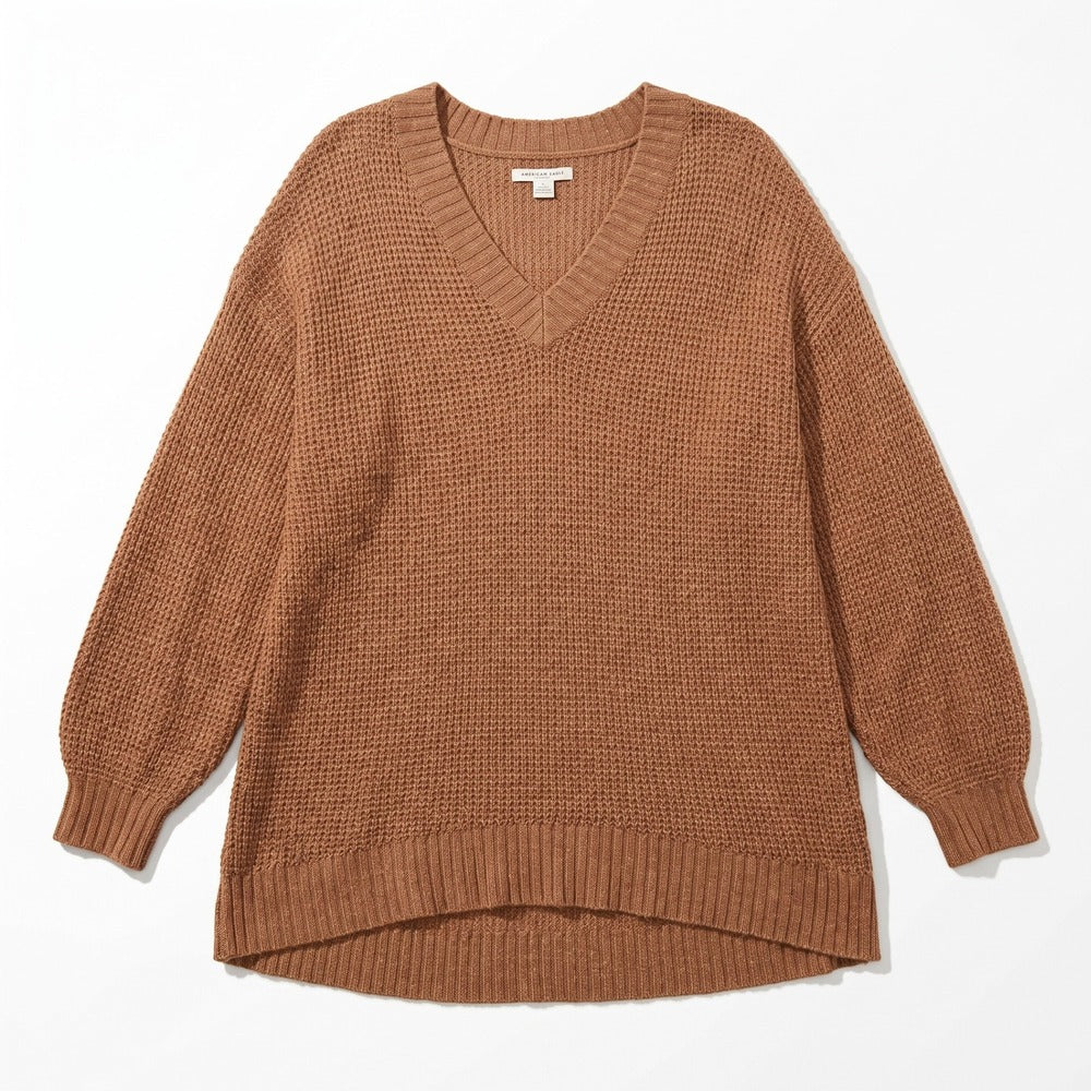 American Eagle Womens XS Camel Tan Waffle Knit V-Neck Sweater Cozy Casual Boho