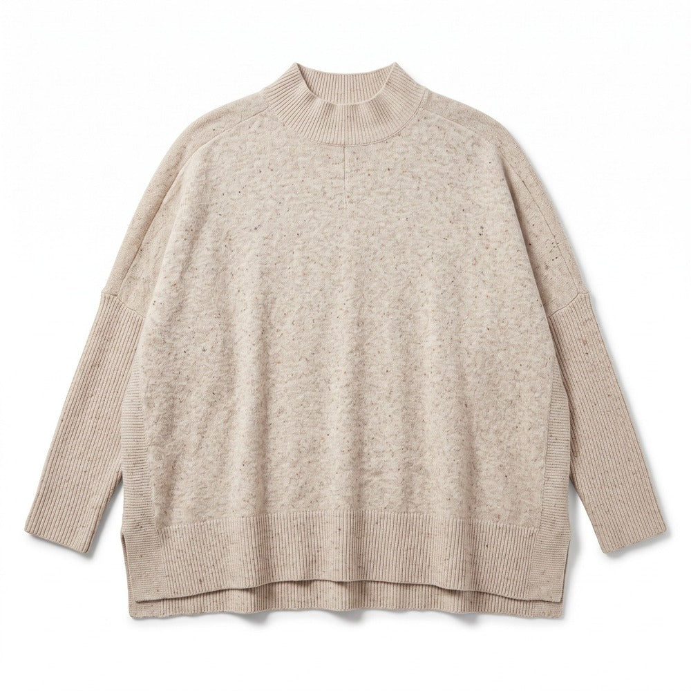 LOFT Womens S Oatmeal Speckled Mock Neck Sweater Casual Cozy Knit Pullover