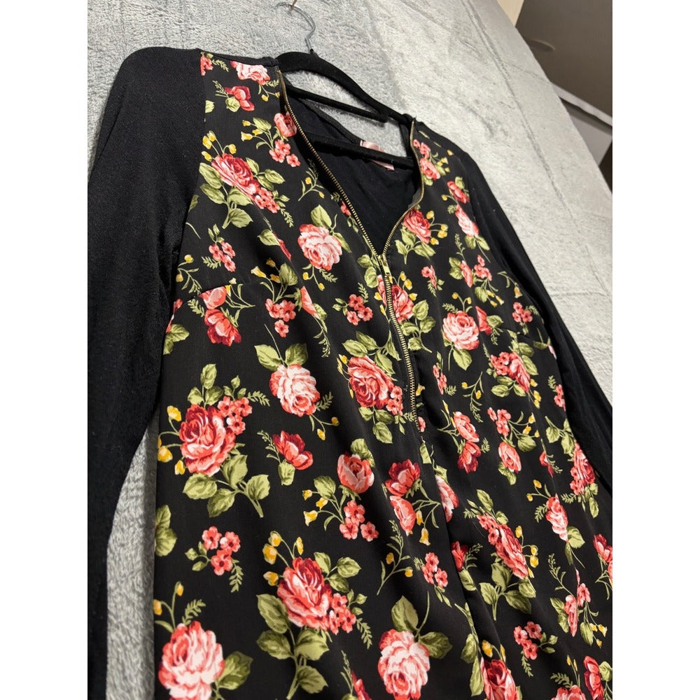 Juniper Ln Womens S Black Floral Zip Front Long Sleeve Top Tunic Boho Casual