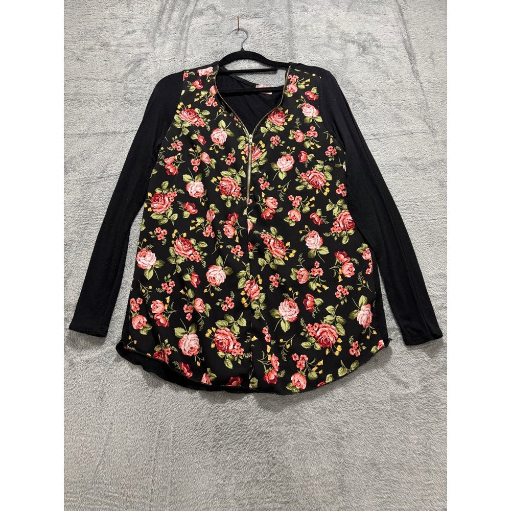 Juniper Ln Womens S Black Floral Zip Front Long Sleeve Top Tunic Boho Casual
