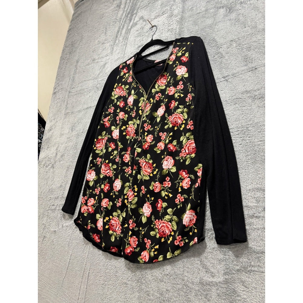 Juniper Ln Womens S Black Floral Zip Front Long Sleeve Top Tunic Boho Casual