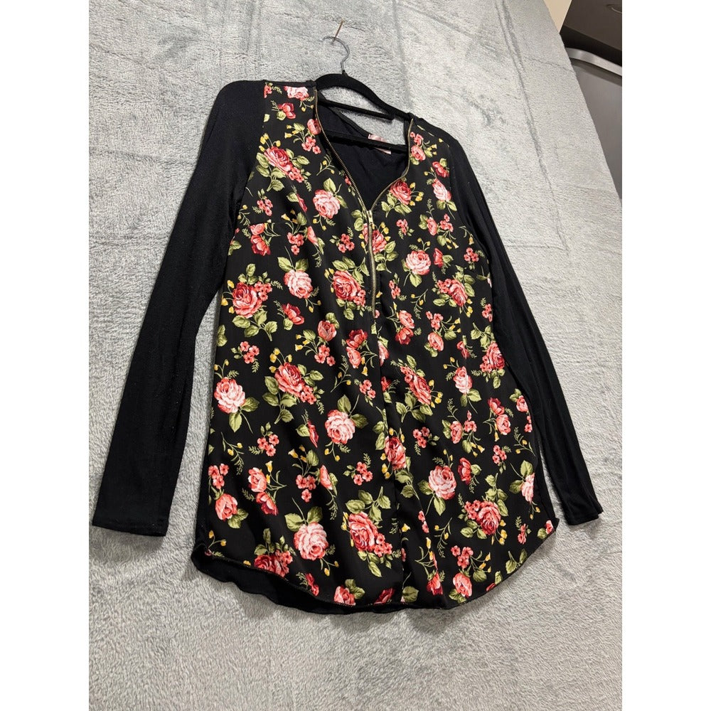 Juniper Ln Womens S Black Floral Zip Front Long Sleeve Top Tunic Boho Casual