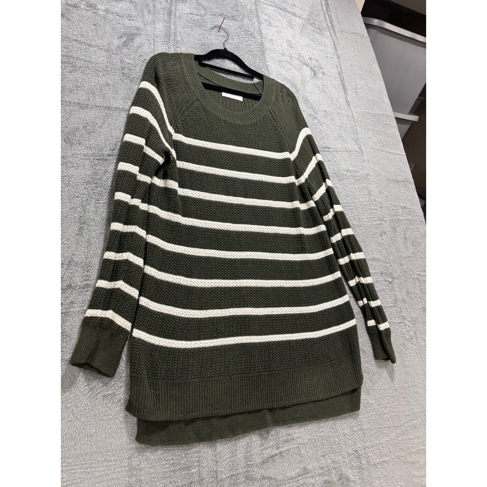 Old Navy M Womens Olive Green Cream Striped Waffle Knit Sweater Casual Cozy Boho