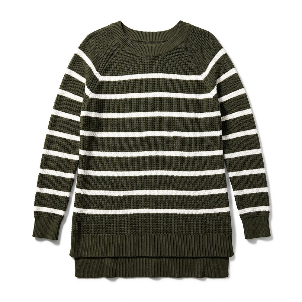 Old Navy M Womens Olive Green Cream Striped Waffle Knit Sweater Casual Cozy Boho