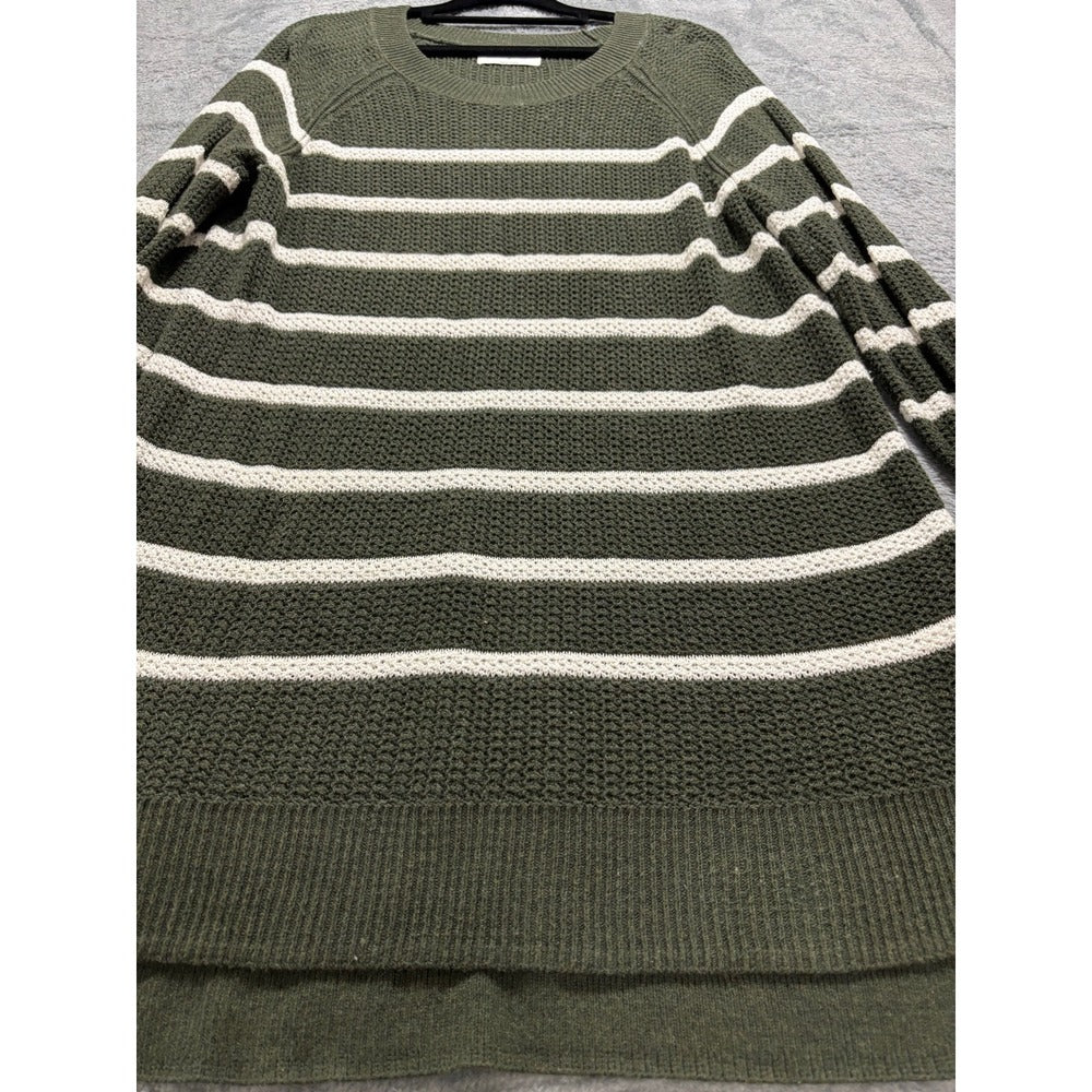 Old Navy M Womens Olive Green Cream Striped Waffle Knit Sweater Casual Cozy Boho
