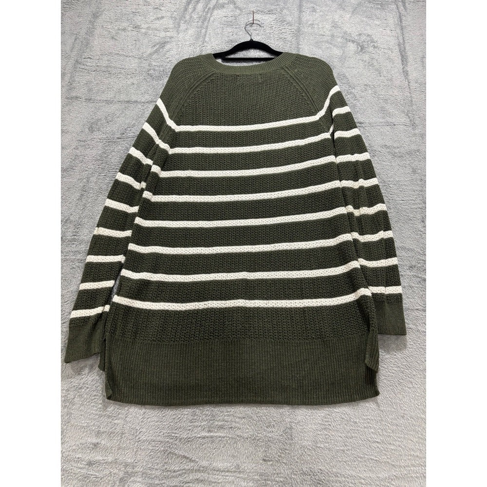 Old Navy M Womens Olive Green Cream Striped Waffle Knit Sweater Casual Cozy Boho