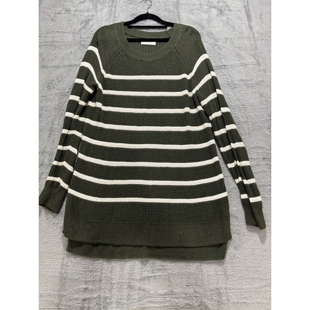 Old Navy M Womens Olive Green Cream Striped Waffle Knit Sweater Casual Cozy Boho