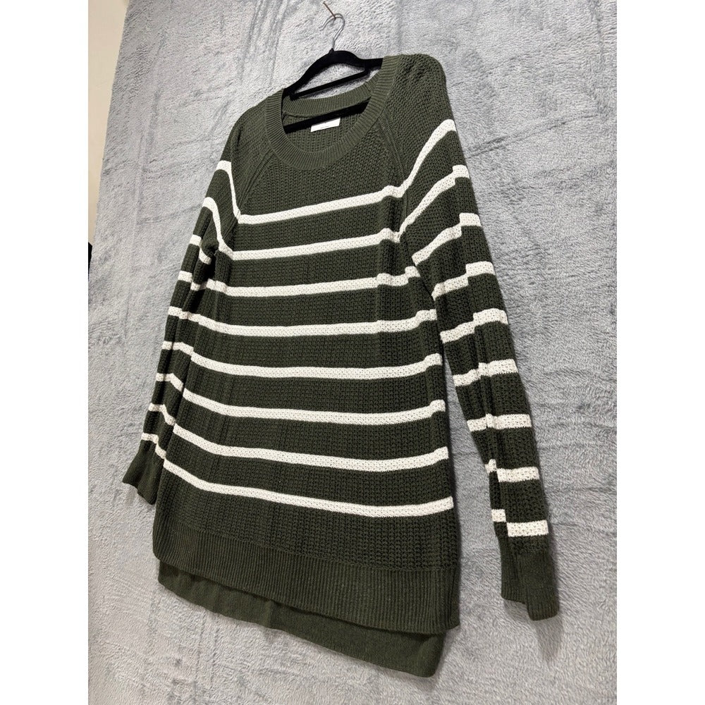 Old Navy M Womens Olive Green Cream Striped Waffle Knit Sweater Casual Cozy Boho