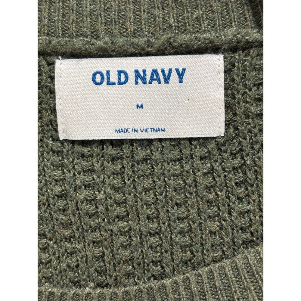 Old Navy M Womens Olive Green Cream Striped Waffle Knit Sweater Casual Cozy Boho